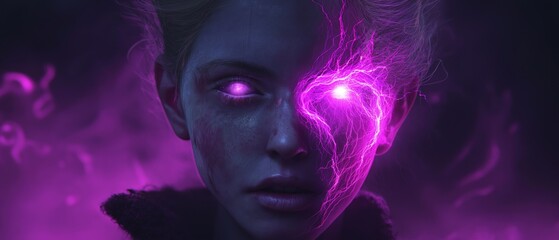 Close-up portrait of a young woman's face. she has blonde hair that is styled in loose waves and falls over her shoulders. her eyes are a deep purple color and her skin appears to be pale.