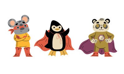 Animal Characters Superhero Dressed in Mask and Cape or Cloak Vector Set