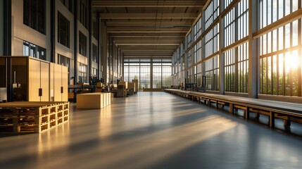 Bright and Spacious Industrial Interior with Large Windows and Sunlight Streaming In