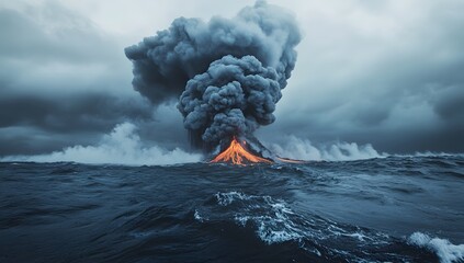 Fototapeta na wymiar Volcanic eruption at sea, dramatic smoke plume, ocean waves
