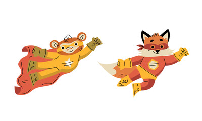 Animal Characters Superhero Dressed in Mask and Cape or Cloak Vector Set