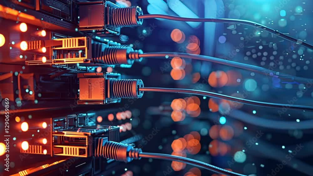 Poster discover intricate server components and data cables illuminating a digital workspace filled with vi