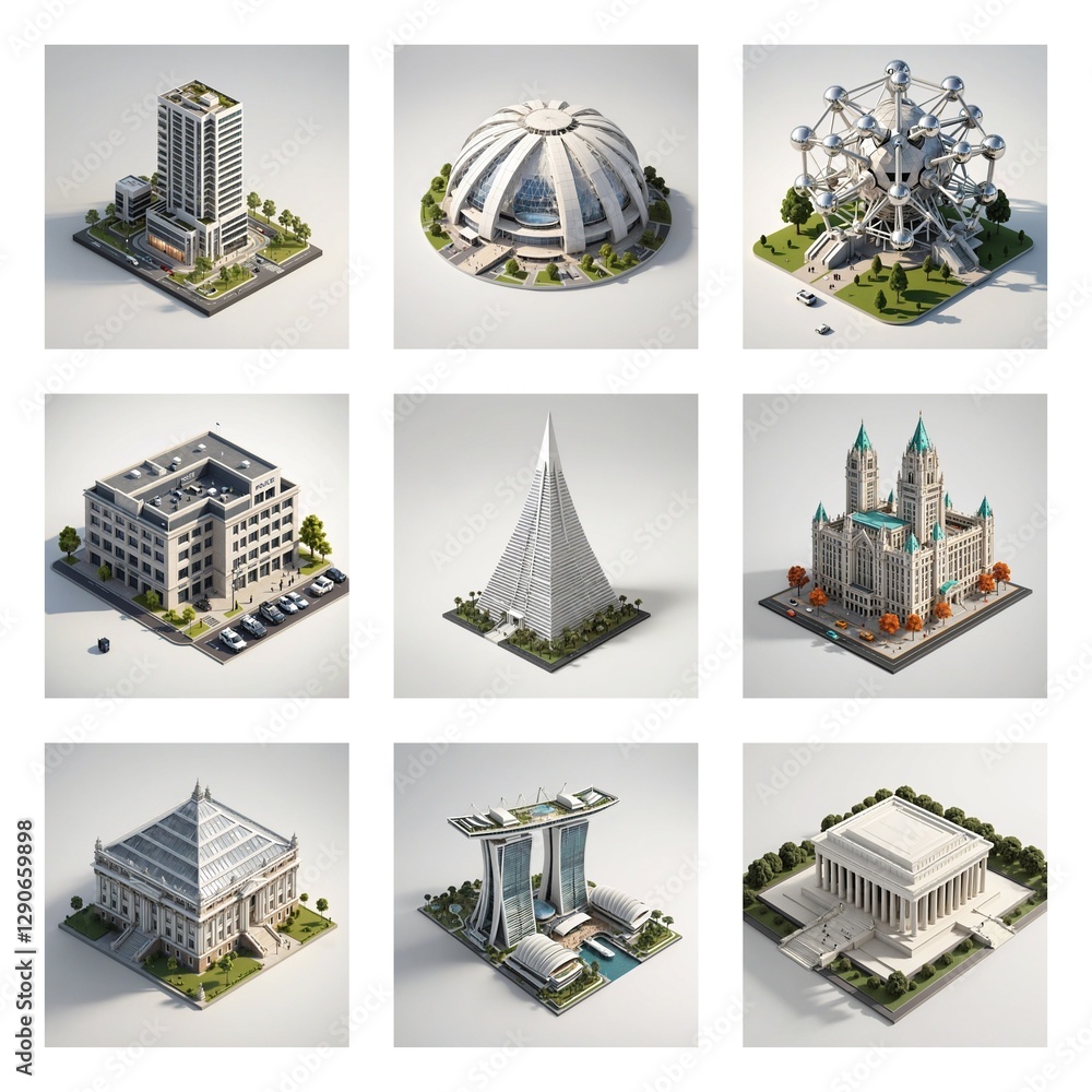 Poster famous collection of landmark buildings. showcases diverse architectural styles in isometric views. 