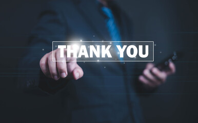 Thank you business for presentation, Point to the text in front of you, Businessman write the message thank you to express gratitude for talk, Innovation technology and acknowledgment concept.