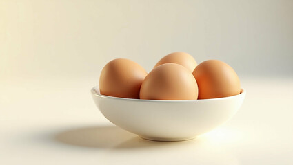 Four brown eggs nestled inside a pristine white ceramic bowl