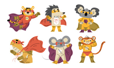 Animal Characters Superhero Dressed in Mask and Cape or Cloak Vector Set