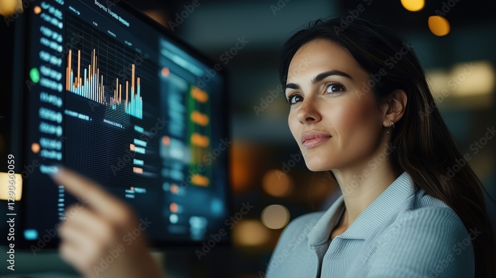 Poster professional woman analyzing data trends on a computer screen in a modern office environment with gl