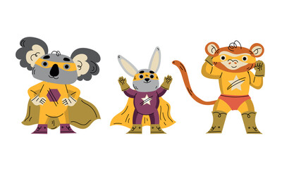 Animal Characters Superhero Dressed in Mask and Cape or Cloak Vector Set
