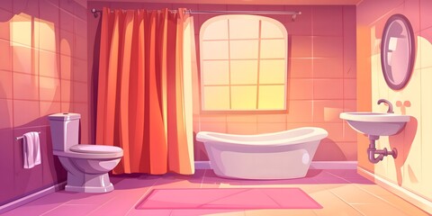 Bathroom interior. toilet, bathtub shower curtain sink mirror. Vector cartoon style