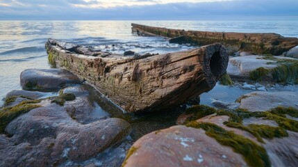 Broken pieces of a shipwreck washed ashore, with cracked hulls and shattered wooden beams.