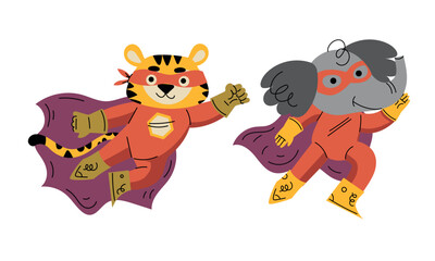 Animal Characters Superhero Dressed in Mask and Cape or Cloak Vector Set