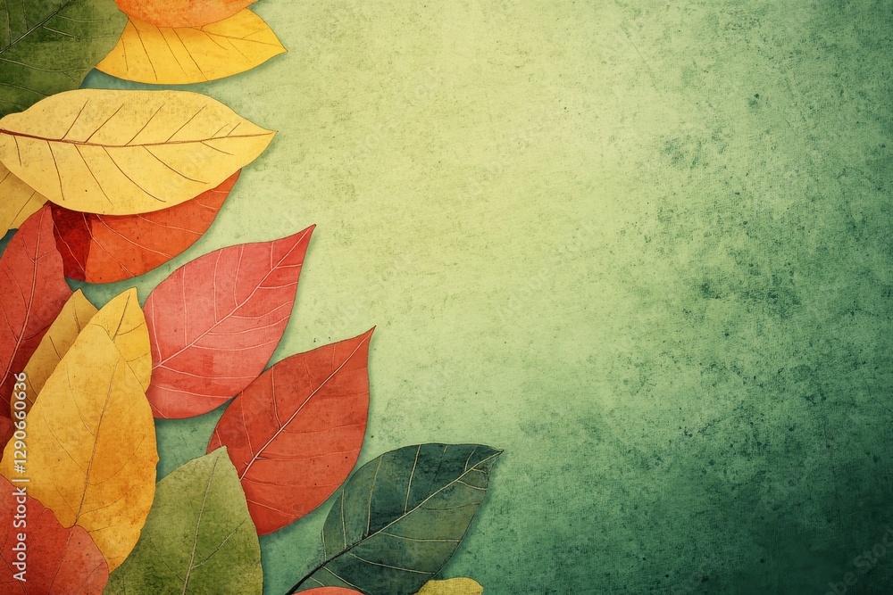 Poster colorful autumn leaves creating a vibrant border around a textured green background in an artistic d