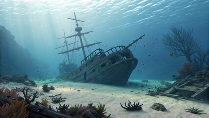 Sunken Shipwreck Resting on the Ocean Floor with Marine Life, Generative AI