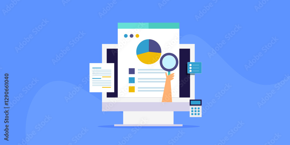 Poster hand with magnifier analysing business document and sales report on computer screen, financial analy
