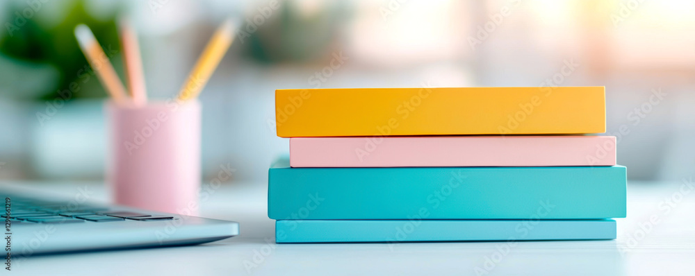 Poster hybrid work to boost the productivity of remote teams concept. a stack of colorful books sits on a d