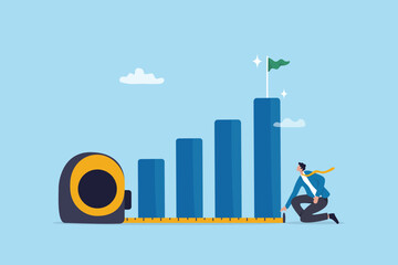 Measure success, growth or KPI, key performance indicator to compare with benchmark, growing progress, improvement or evaluation concept, businessman measure success growth graph with measuring tape.