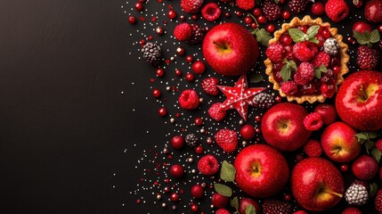 A vibrant display of red apples, raspberries, blackberries, and a star-shaped decoration.