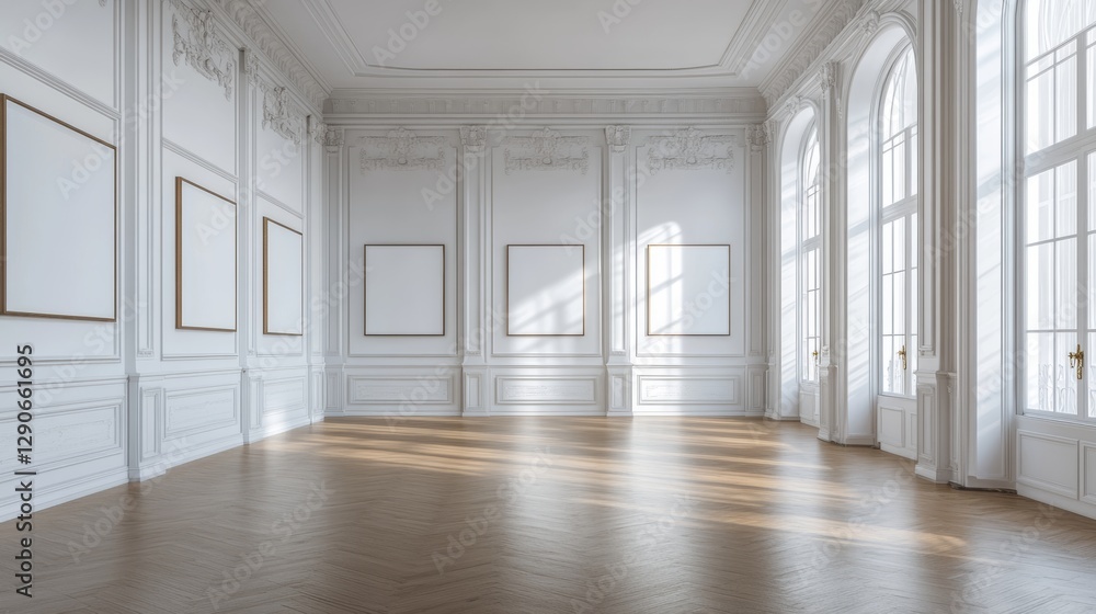 Poster Elegant Empty Room With Large Windows Allowing Soft Sunlight to Fill the Space, Enhancing the Minimalist Atmosphere of Tranquility and Sophistication
