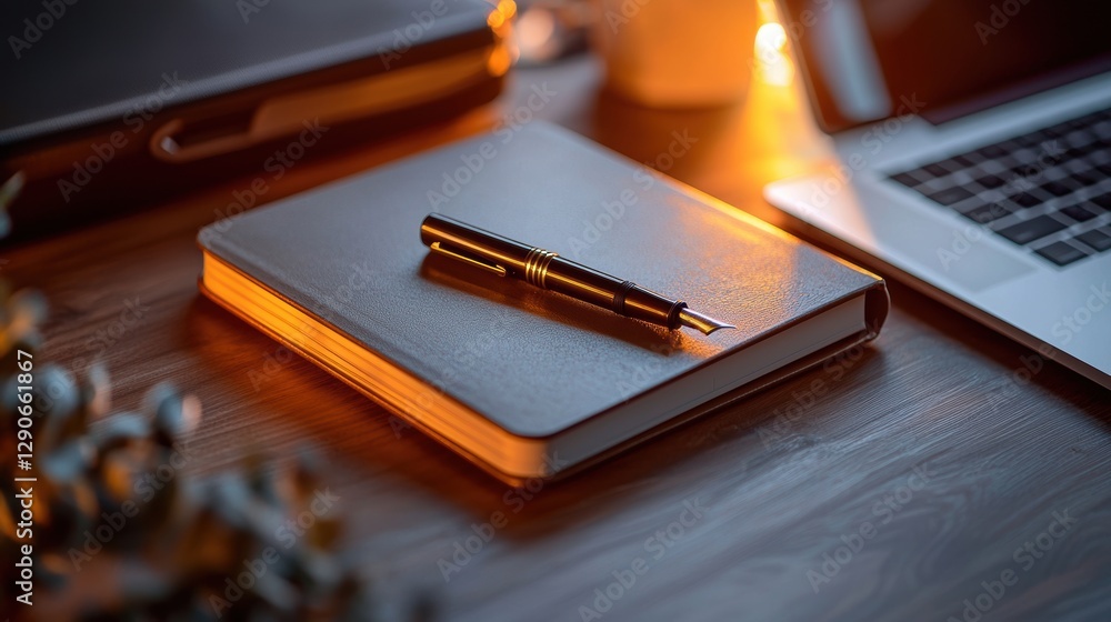 Poster hybrid work to boost the productivity of remote teams concept. a sleek notebook and pen sit on a woo