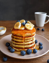 Stack of Fluffy Oat Pancakes with Banana Slices, Blueberries, and Honey Drizzle