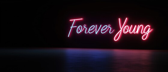 Photograph of a neon sign that reads "forever young" in a bold, cursive font. the sign is lit up in a bright pink color and is placed on a black background.
