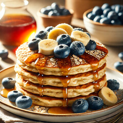 Fluffy Oatmeal Pancakes with Blueberries, Banana Slices, and Maple Syrup Drizzle