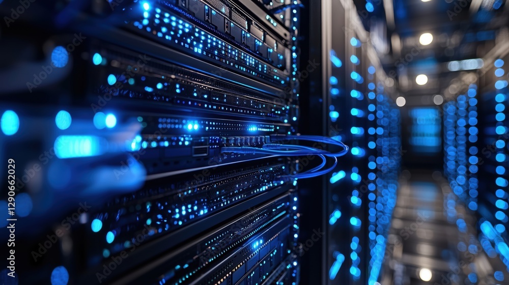 Poster high-tech data center with blue led lights and advanced server racks showcasing digital connectivity