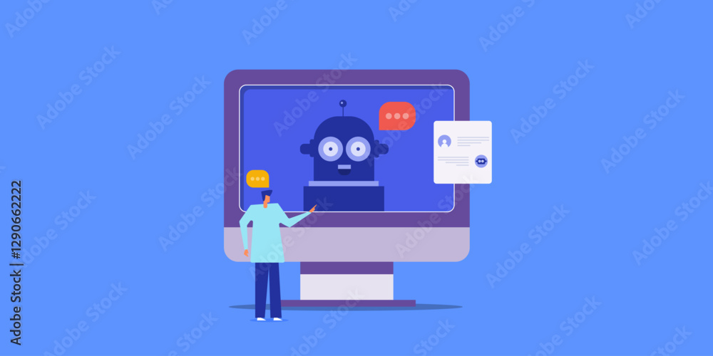 Poster virtual chatbot on computer screen providing query support to customer, ai marketing technology and 
