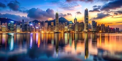 Obraz premium Softly glowing lights reflected on the calm Victoria Harbor during magical hour, with majestic skyscrapers standing tall in the background , harbor , hong kong harbor