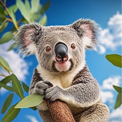 Obraz premium Adorable Koala Holding Eucalyptus Leaf on Tree Branch Against Blue Sky