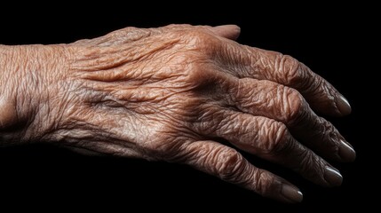 Fototapeta premium Close-up of an old person wrinkled hand resting on a baby soft hand, highlighting the difference in skin texture.