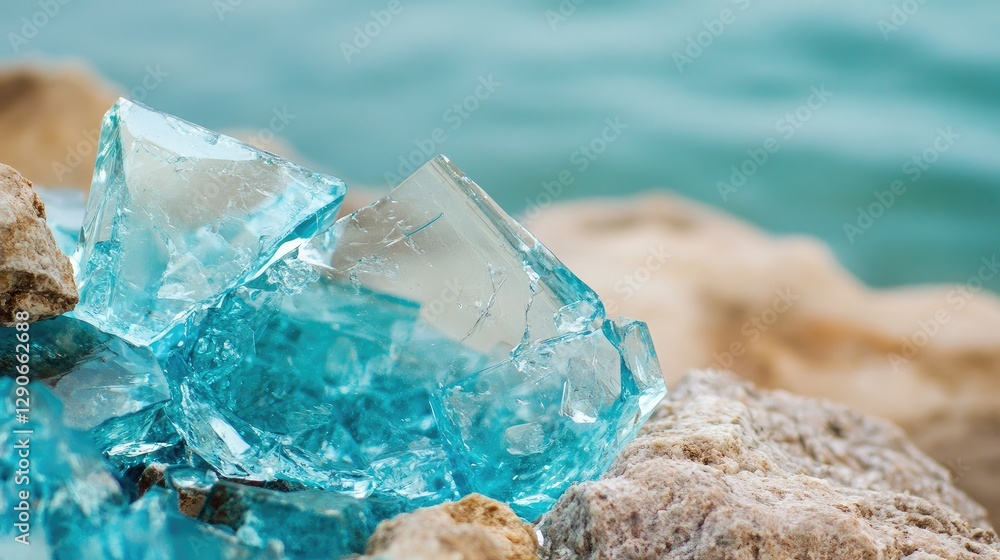 Poster close-up of broken glass debris with jagged edges and tiny shards spread chaotically.