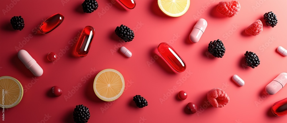 Poster flat lay of various types of pills and capsules scattered on a red background. there are several pil