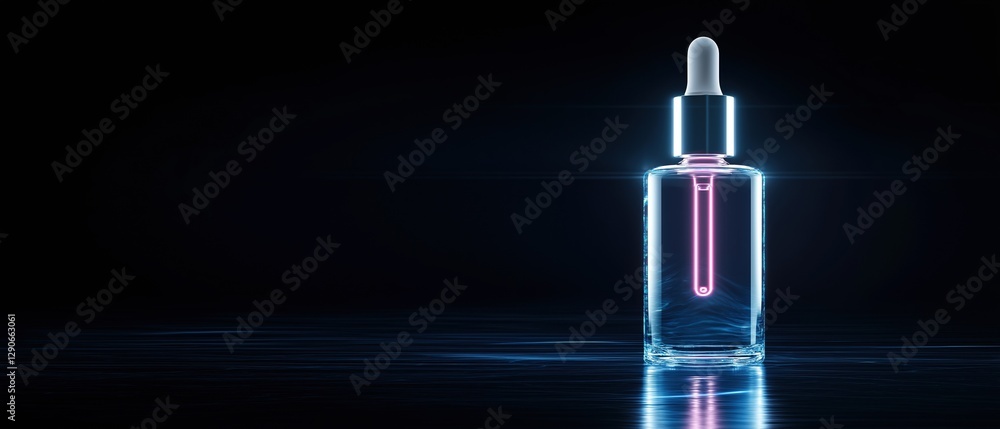 Poster 3d rendering of a dropper bottle with a white cap. the bottle is made of clear glass and has a trans