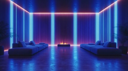Modern Lounge With Illuminated Decor Featuring Neon Lights and Comfortable Seating in a Stylish Interior