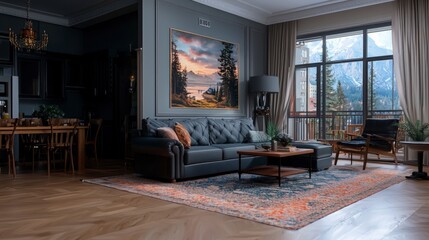 Fototapeta premium Cozy Scandinavian Living Room with Mountain View Large Artwork