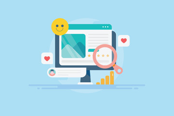 Positive customer feedback on website, smiley face indicates customer satisfaction level, growth in business graph concept.