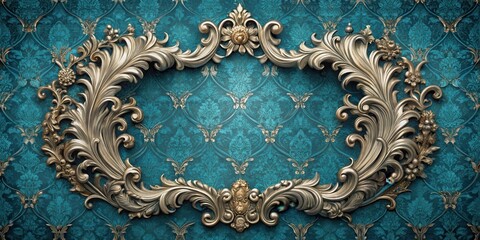 frame with intricate gold details and ornate carvings on a vintage blue wallpaper featuring peacock motifs in a baroque style, retro wallpaper, antique silver frame