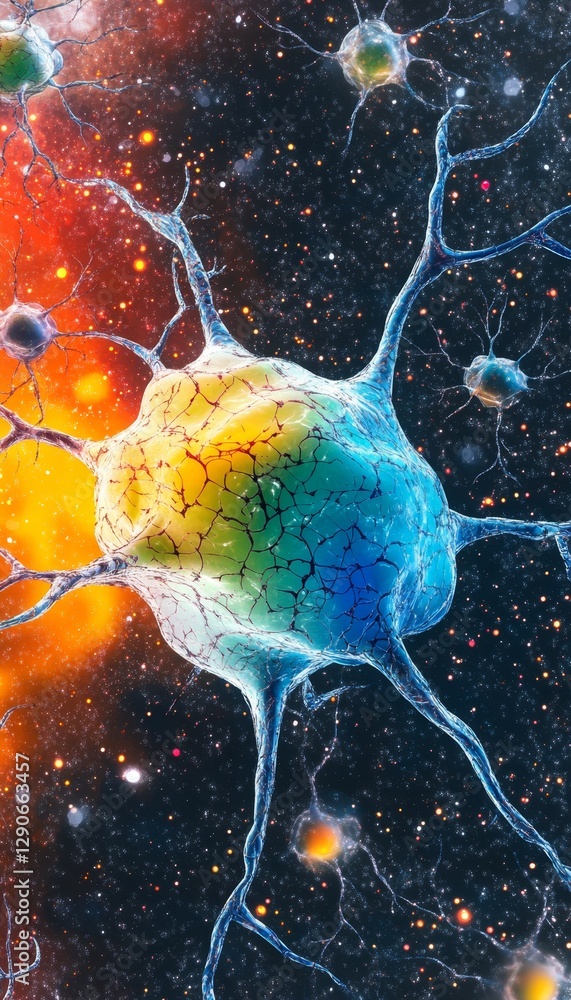Poster artistic rendering of a neuron with neural links, synapses, and connections in a colorful brain