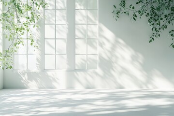 Natural Light Filters Through Large Windows, Casting Soft Shadows in a Minimalist Interior Space Filled With Greenery, Creating a Serene Atmosphere