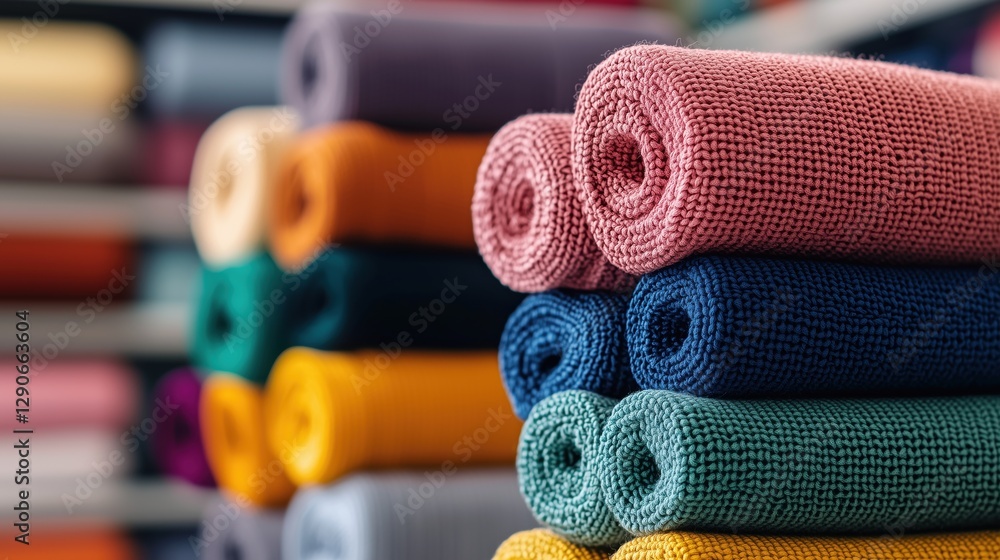 Poster close-up view of rolled textiles in various colors stacked neatly on display for home decor and fash