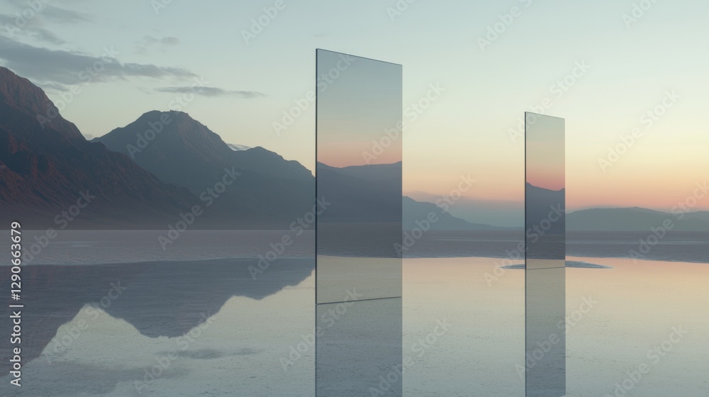 Poster two tall, rectangular mirrors standing in the middle of a vast body of water. the mirrors are reflec