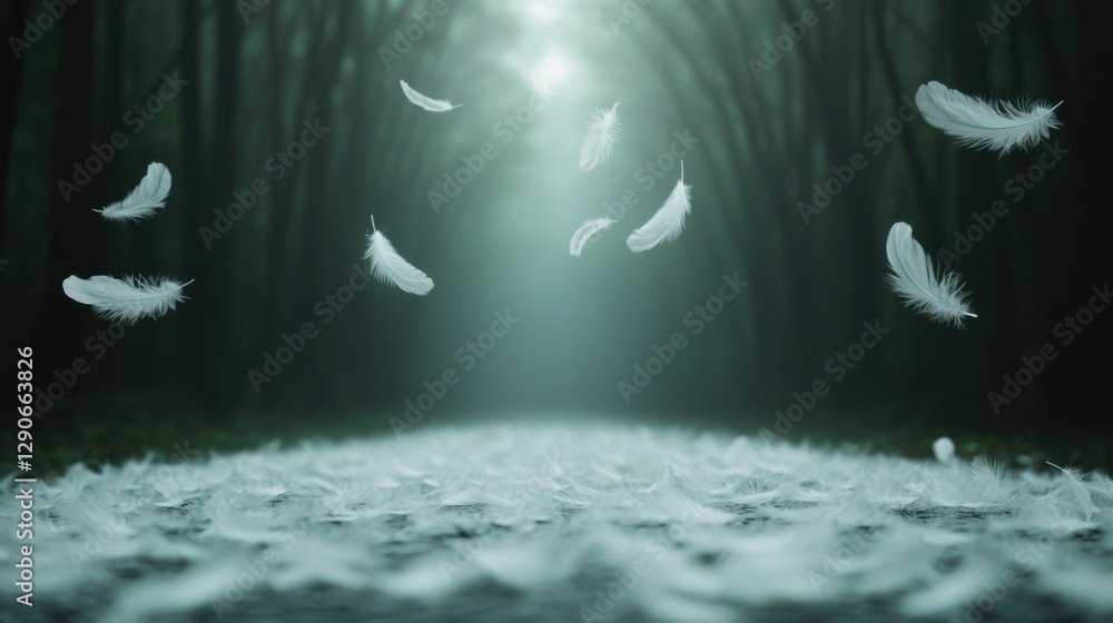 Poster group of white feathers flying in the air in a dark forest. the feathers are scattered on the ground