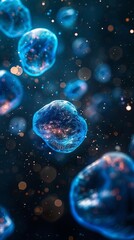 Fototapeta premium Abstract Glowing Blue Bubbles in Dark Space Microscopic Cell Science Technology Background