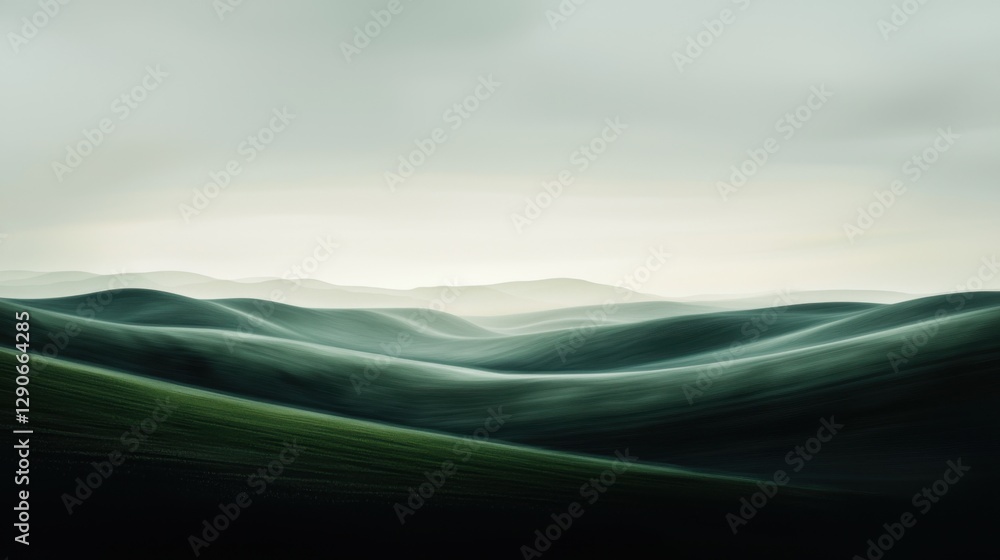 Poster landscape photograph of a vast expanse of green hills. the hills are arranged in a wave-like pattern