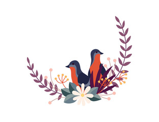 Round flower bird frame, vintage wreath with blossom. Folk art, ornamental frame with floral composition. Bright illustration, can be used as creating or invitation card