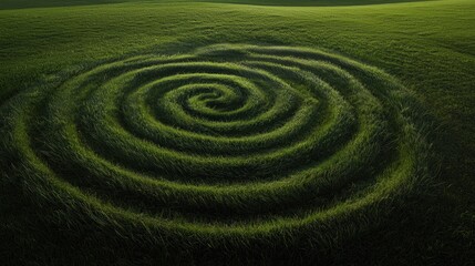 Photograph of a grassy field with a spiral pattern in the center. the grass is a vibrant green color and appears to be freshly cut.