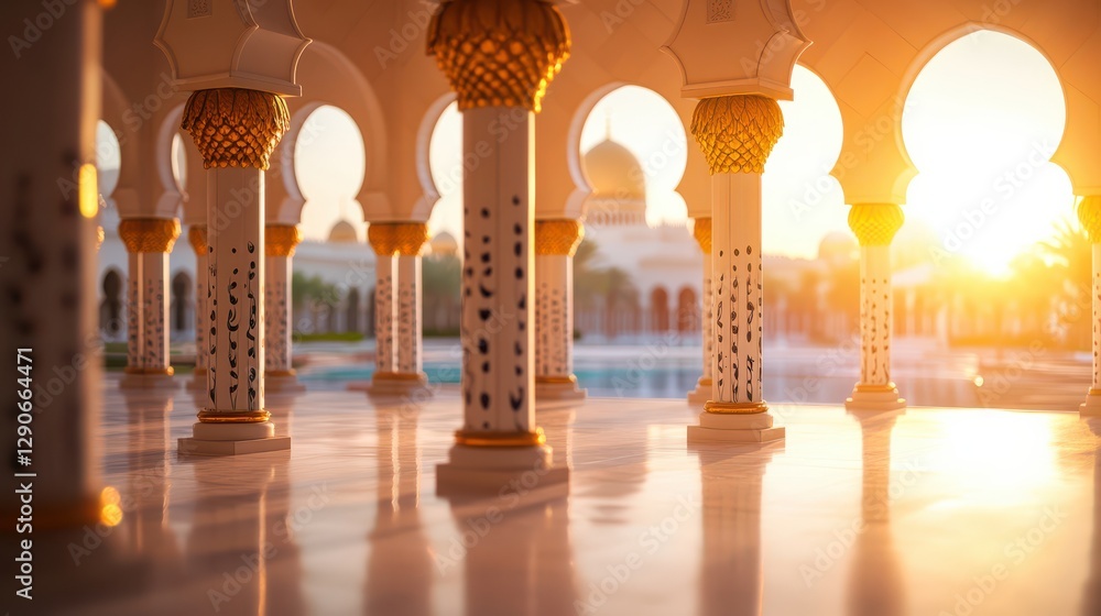 Poster serene morning light through arched columns in elegant architecture