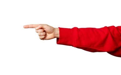 Woman's hand in a red sleeve pointing forward with her index finger