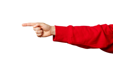 Woman's hand in a red sleeve pointing forward with her index finger